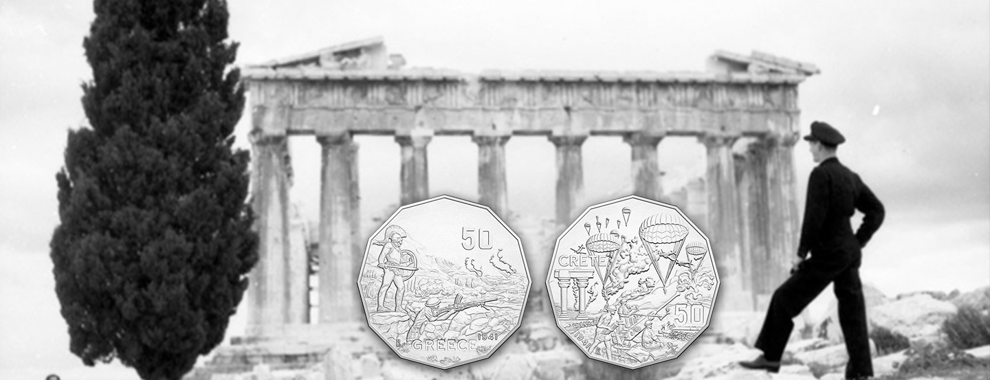 Uncirculated 50c coins commemorating the Greek Campaign and Battle of Crete